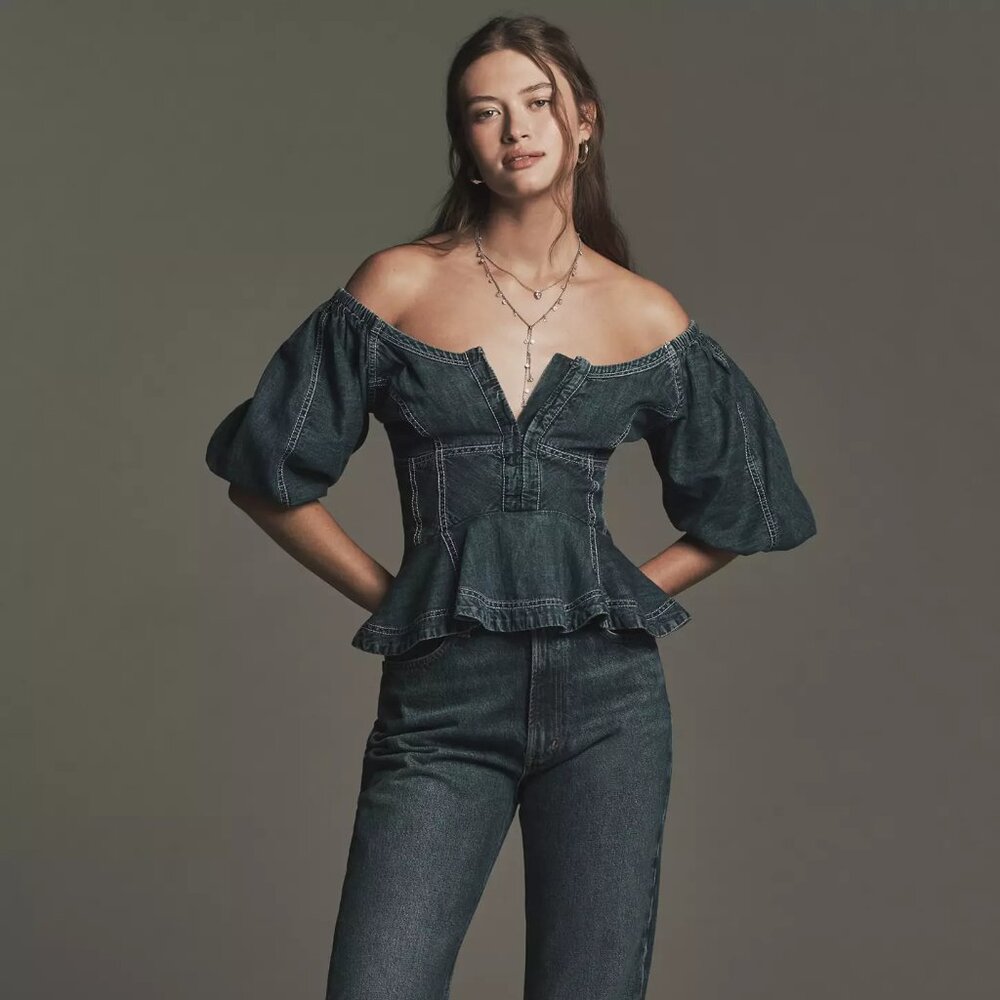 NWT Pilcro Puff-Sleeve Peplum Blouse